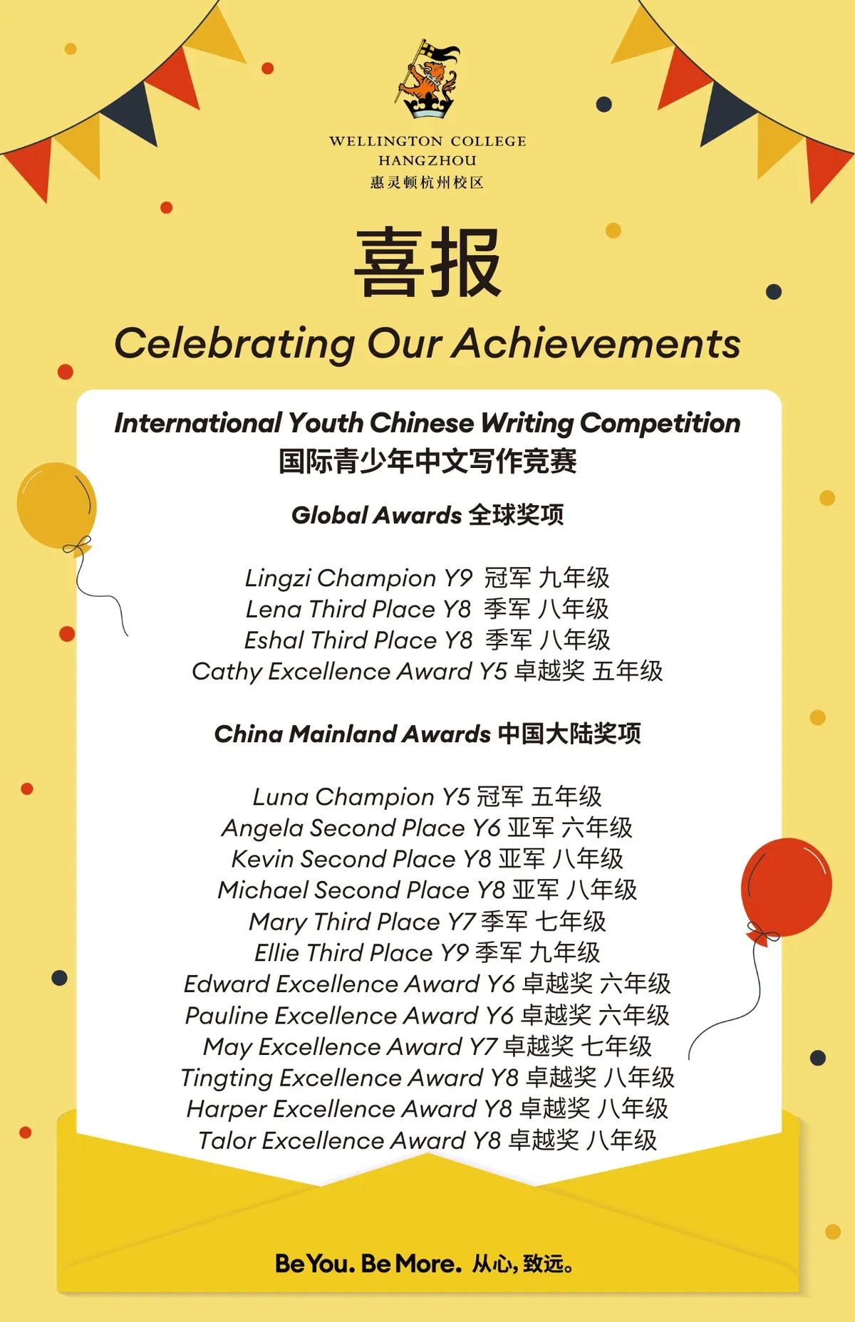 杭州惠灵顿学子在国际青少年中文写作竞赛中取得佳绩！